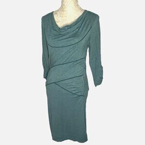 Athleta W sz S Ukiah Turquoise Green Cowl Neck Seamed Dress Ruching Zip Pocket